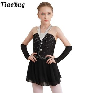 Dancewear Kids Girls Ballet Gymnastics Leotard Dress Halter ärmlös Rhinestone Sheer Mesh Figur Skating Dress Latin Jazz Costumes Y240524