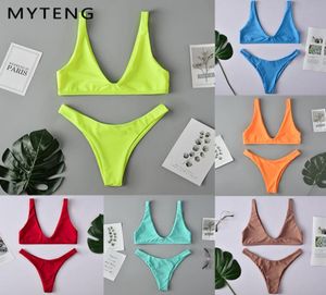 9 colors Sexy Solid Bikini set 2020 Swimwear Women High Leg Swimsuit female Swimming suit neon green thong biquini monokini T200708967450