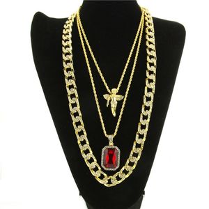 Mens Hip Hop Necklace Ruby Pendant Necklaces Fashion Cuban Link Chain Jewelry 3Pcs Set 2699