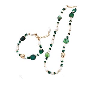 Natural pearl sterling silver green agate beaded necklace women's light luxury niche necklace bracelet does not fade high-grade jewelry set