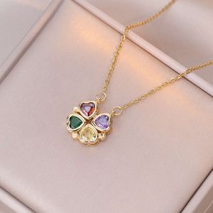 for women A with two hearts colorful zircon folded open four leaf flower light internet celebrity and the same titanium steel necklace