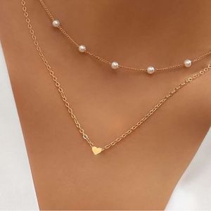 selling double Hot layer creative and minimalist street auction necklace copper heart pearl multi layer clavicle chain