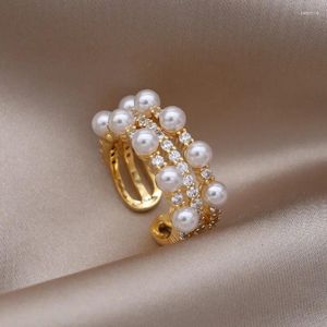 Ringos de cluster jóias coreanas de moda de moda 14K Gold Gold Bathed de zircão de zircão anel de pérola elegante Acessórios diários de trabalho feminino