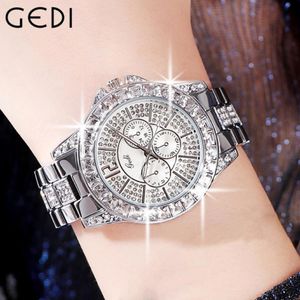 Zegarstka na rękę damskie strój Bling Rhinestone Gedi Fashion Ladies Stal nierdzewna Bransoletka Kwarcowa zegarki Wodoodporne 212N