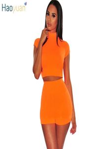 Haoyuan Neon Green Orange Orange Duas peças Conjunto de mulheres Top de colheita e shorts de motoqueiros Roupas sexy Clube Sexy Roupas de verão Conjuntos combinando Y4847393