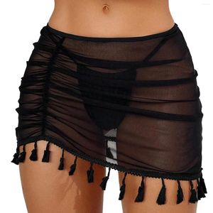 Kvinnor Short Sarongs Sheer Mesh täcker kjol Wrap Hip Ruched Beach Bikini Ups Badkläder 2024 Summer Beachwear