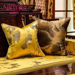 枕アヴィーガーチャイニーズスタイルの黄色の茶色のカバーソフト刺繍ロータスフラワーリーフケースソファカー用の家の装飾