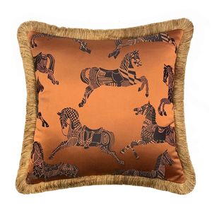 Fashion Soft Pillow Case Orange Horses Woven Interior Designer Quality Fringe Cushion Cover Sofa Window Furnishings 45x45cm 240521