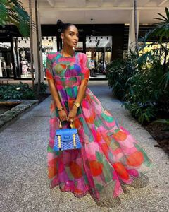 기본 캐주얼 드레스 여름 아프리카 프린트 드레스 여성 패션 아프리카 짧은 슬브 폴리 에스테르 메쉬 이브닝 가운 파티 의상 S-2XL T240523