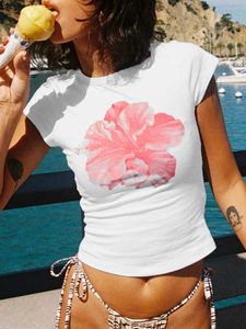 Koszulka damska damska letnia szczupła top z kwiatem Wzór rękawów okrągła szyja wyświetlacz granatowy top damski mini koszulka dla niemowląt J240527