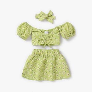 3pcs BABINA GIRL Green Floral Stampe Off spalla senza spalline crollo a maniche a maniche e gonna con set di fasce L2405