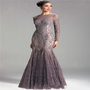 2020 New Formal Mermaid Mother Of The Bride Dresses Jewel Lace Appliques Beaded Long Sleeves Plus Size Evening Dress Wedding Guest Dres 237j