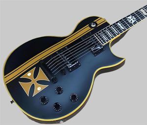 Elegant Iron Cross SW Old Electric Guitar Yellow Striped Cross, Black Body and Black Hardwares, Special Frets Inlay, kan anpassas 2588