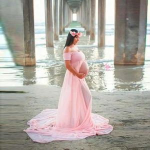 Vestidos de maternidade vestidos de maternidade vestido feminino grávida com manchas de chiffon ombros de cor sólidos, vestido de piso dianteiro costurado, adereços WX5.26