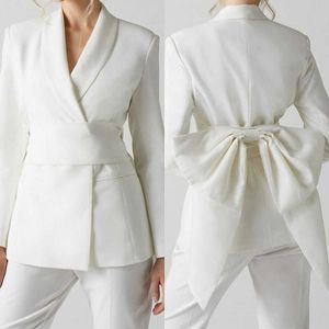 White Wedding Women Pants Suits Slim Fit Big Bow Jacket Long convidado Desgaste do baile Festa formal 2 peças
