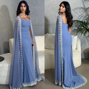 Haze Blue Muslim Evening sukienki dla kobiet cekiny zastosowane kwadratowe szyi formalne sukienki syrena satyna arabska Dubai formalna suknia
