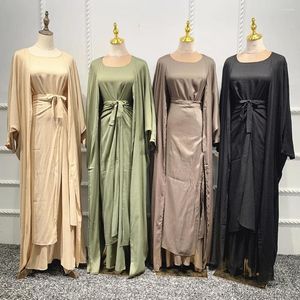 Ethnische Kleidung 3 -teiliges passendes Set Satin Frauen Truthahn Muslim Kleider Dubai Outfit einfach Hijab Kimono Offen Abaya Maxi Kleid Wickel Röcke