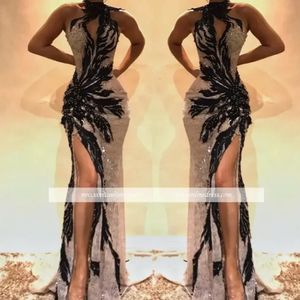 2022 Black Appliques Long Mermaid Evening Dresses High Side Split Sweep Train Prom Party Wear Abendkleider Special Occasion Dress BC049 2391