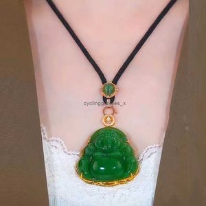 2024New Imitation Jade Big Belly Buddha Necklace 18K Gold Maitreya Gong Pendant Spinach Green Mens and Womens Sweater Chain