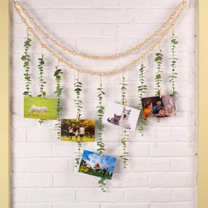 Decorative Figurines Nordic Large Boho Wall Hanging Wooden Bead Garland With Artificial Plants Eucalyptus Natural Decoration Pendant Po