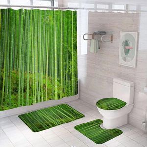 Tende da doccia 3D tende in bambù set verde foresta verde esotico schermo da bagno con paesaggio naturale fresco con tappeto per bagno coperchio