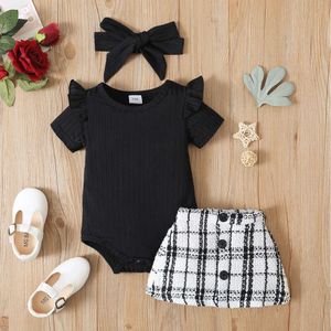 3PCS Baby Girl Black Ringbed Short-Sleeve Romper Tweed Spódnica z zestawem opaski na głowę miękki i wygodny podstawowy styl L2405