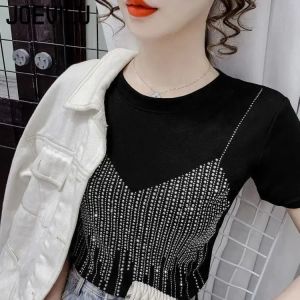 Desinger Diamond Short Sleeve High Quality Fashion T Shirt Female Slim Sequins Fit Fake Two Shiny Round Neck Top Summer Casual Aesthetic Y2k Tee Korean Kawaii Clothes