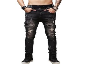 High Quality Mens Ripped Biker Jeans 100 Cotton Black Slim Fit Motorcycle Jeans Men Vintage Distressed Denim Jeans Pants Q15662328027