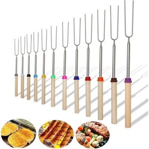 Stainless Steel BBQ Tools Telescoping Hot Dog Roasting Sticks Outdoor BBQ telescopic barbecue forks 12 color U-shaped wooden handle baking fork T9I002651