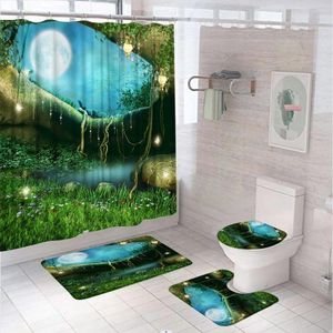 Cortinas de chuveiro Fantasy Magic Forest Moon Full Cortina Conjunto de fadas Tree Jungle Tree Pond Flor Banheiro Tapete de tapete de tapete Tapete