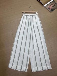 Women's Pants Summer L P Leg Linen High Waist Straight Wide Light Thin Female Vacation White Full Long Striped Trousers