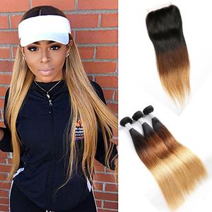 Malezyjskie ludzkie włosy 1B/4/27 Ombre Włosy Prosty Virgin Hair 1B 4 27 Trzy tony 3 wiązki z koronkowym zamykaniem 4x4 Middle Trzy wolne CPIP