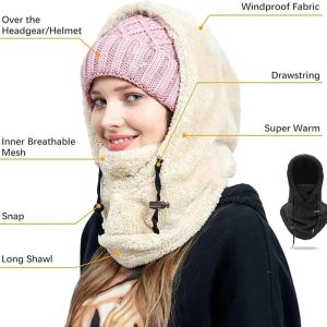 Thermal Sherpa Fleece Hood Ski Mask Winter Balaclava Cold Windproof Adjustable Women Plush Warm Hood Cover Hat Scarf Cycling Cap
