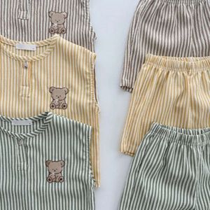 2024 Summer Korean Style Clothes Unisex Kids Striped Outfits 2Pcs Embroidery Bear Vest + Shorts Children's Clothing Sets