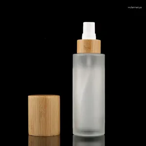 Бутылки для хранения оптовая бамбука с бамбуковой крышкой замороженное стекло 120 мл круглый кремовый бутылка 4 унции тонкий спрей -топ