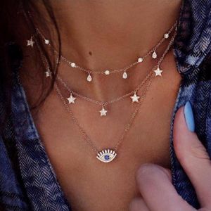 Vintage Gold Color Crystal Water Drop Star Eye Pendant Necklace For Women Boho Charm Layered Halsband Halsar 6384 328i