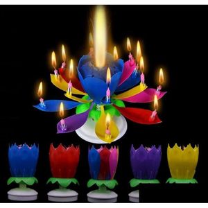 Party -Dekoration Musical Birthday Candle Magic Lotus Blumenkerzen Blüte rotierende Spin 14 kleine 2 Schichten Kuchen -Top -Drop -Lieferung Dhibd Dhibd