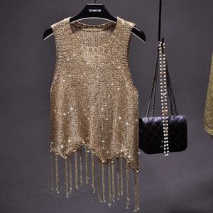 Sexy Shiny Gold Silver Knitted Tank Tops Women Bling Sequined Tassels Vest All Neon Store Clothes Korean 240516