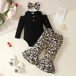 Set di abbigliamento 3-24 mesi Bambini Bambini Set di abiti primaverili Off spalla a maniche lunghe body body pantaloni leopardo pantaloni fascia 3pcs 3pcs outfit