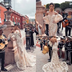 Champagne Bohemian Lace Mermaid Wedding Dresses Sexy Off the Shoulder Vintage Bridal Gowns Court Train Tulle rygglös brudmottagning Vestidos de Novia CL3575