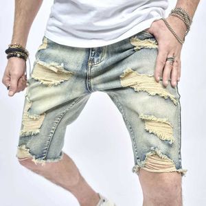 Herren-Shorts Sommer Retro-Stil zerrissene Männer Ultra-dünne Denim-Shorts Mode Cotton Mens Street Hole Casual Beach Straight Shorts J240527