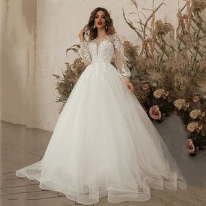 Exquisite Ivory Wedding Dresses Long Sleeve Appliques Lace 3D Flowers Modern Tulle Boho Bride Gown Vestidos De Noiva Customed