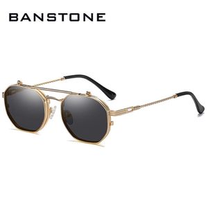 Sunglasses BANSTONE Vintage SteamPunk Style Tint Ocean Lens Metal Flip Up Clamshell Brand Design Sun Glasses 231v