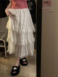 Skirts Summer High Elastic Waist Low Ruffle Pleated Womens 2024 Fashion Korean Women White Black Long Crochet Lace Skirt