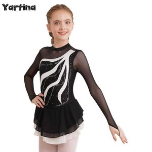 Dancewear Kids Girls Artistic Skating Ballet Tutu Dress Rhinestone Sequined Mock Neck Roller Rhythm Gymnastics Ballet Lyrical Dance Dress Y240524