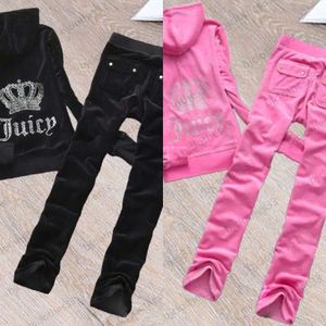 Suicy Tracksuit Brand Womens Two Piece Pants Back Hot Drill Crown Decoration Hooded dragkedja Regelbundna toppar Elastiska midja Löst byxor Kvinnor C S 31424