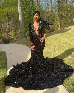 Sparkly Black Sequins Diamonds Prom Dresses 2024 Beads Crystals Rhinestones Feathers Birthday Party Gown Robe