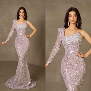 Sparkly Mermaid Prom Dresses One Shoulder Sheer Neck Gowns Sweep Train Dress For Party Custom Made