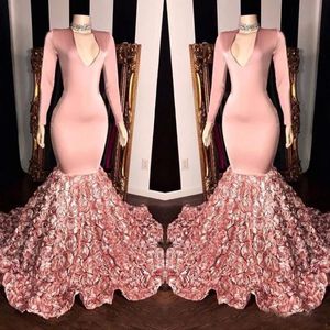 Pink V Neck Lace Mermaid Long Prom Dresses 2019 långa ärmar satin 3d blommig sveptåg formella fest kvällsklänningar 267h