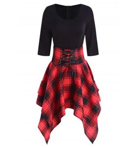 Feitong Women Mini Dress Gothic Preppy Sexig hög midja Plaid Asymmetrisk Casual Female Fashion Elegant Goth Punk Short Dress Y12986193